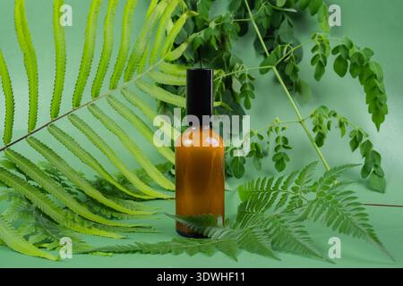 Bouteille de toner en verre avec des feuilles sur fond vert. Présentoir d'emballage de produits de beauté Banque D'Images