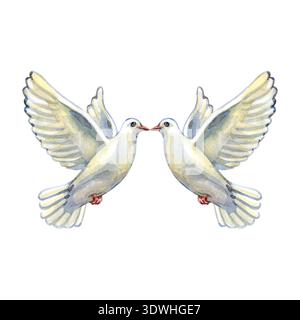 Illustration aquarelle élégante de deux colombes blanches volant l'une vers l'autre. Cette composition symbolique d'oiseau représente la paix, l'amour et la pureté, la fabrication Banque D'Images