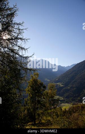 Les pentes de montagne bordent une vallée alpine profonde regardant vers le col du Grand Saint Bernard depuis Sembrancher, Valais, Suisse. Banque D'Images