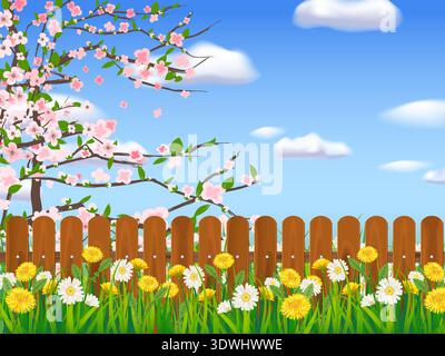 Herbe verte de champ de paysage de printemps, arbre de floraison, Marguerite, fleurs de pissenlit, clôture blanche, nuages Illustration de Vecteur