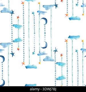 Modèle sans couture avec des nuages d'aquarelle, des étoiles et des lunes en croissant suspendues sur des cordes de perles, créant un thème de ciel fantaisiste et rêveur pour les arrière-plans Banque D'Images