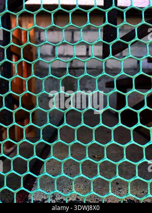 maillage, maillage vert gros plan. Fond avec une texture quadrillée de diamants au premier plan. Turquoise et bleu. Clôture de fond de motif, treillis Banque D'Images