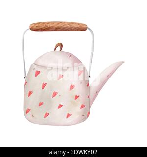 Théière vintage aquarelle avec des coeurs isolés sur blanc. Clipart de cuisine romantique dessiné à la main dans un style mignon pour des designs de maison confortables Banque D'Images