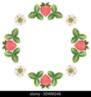 Couronne simple de baies de fraises stylisées, de fleurs et de feuilles. Cadre rond d'éléments individuels. Illustration aquarelle dessinée à la main isolée sur Banque D'Images