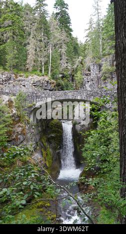 Christine tombe sous un pont de pierre dans le parc national de Mount Rainier, État de Washington, États-Unis. Banque D'Images