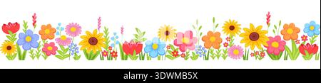 Bordure florale horizontale sans couture décorée de fleurs et de feuilles en fleurs. Frontière botanique de printemps et d'été. Illustration de Vecteur