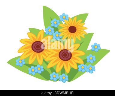 Beau bouquet floral de printemps et d'été, fleurs jaunes et bleues avec des feuilles. Illustration vectorielle plate botanique Illustration de Vecteur