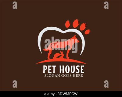 Logo orange et blanc éclatant représentant une silhouette de chien et de chat pour Pet boutique avec emblème coeur imprimé pattes évoquant l'amour et la compagnie des animaux Illustration de Vecteur