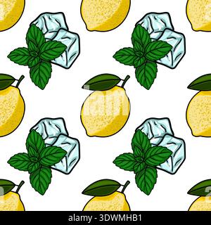 Rafraîchissant glaçons de citron et de menthe illustration de fond de vecteur de motif sans couture Illustration de Vecteur
