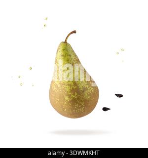 Conférence de poire fraîche avec des graines et des gouttes tombant en vol isolé sur fond blanc. Banque D'Images