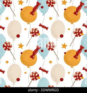 Un motif festif sans couture, sucette, bonbons, ballons, confettis. Style plat. Aquarelle, pastel, gouache. Rouge, jaune, bleu, beige. Elément de conception Banque D'Images