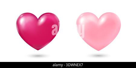Un ensemble de deux coeurs roses et magenta en trois dimensions avec des reflets et des ombres sur un fond blanc. Icônes de coeur pour votre conception. Illustration de Vecteur