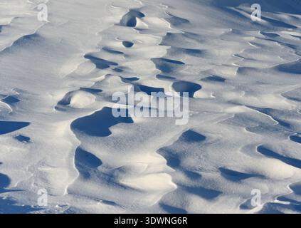 Photographie hivernale rapprochée de déneigements sculptés par le vent formant des motifs abstraits doux et des ombres à travers un paysage gelé sous une lumière naturelle froide. Banque D'Images