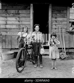 Cette photographie émouvante de 1939 de Dorothea Lange capture les enfants Arnold devant leur humble maison en bois à Michigan Hill, Washington. Trois enfants se tiennent fièrement debout avec un vélo et un chaton, tandis qu’un quatrième enfant regarde par une fenêtre, incarnant l’esprit résilient des familles américaines pendant la Grande dépression. Banque D'Images