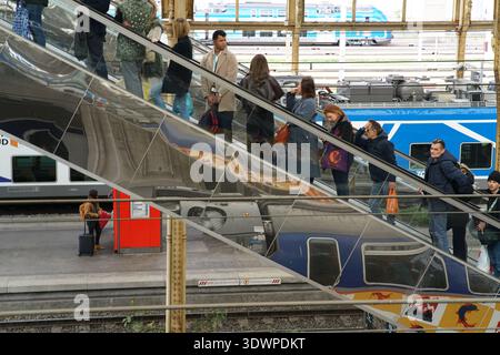 Passagers sur l'escalator surplombant ZOU ! Train TER à la gare de Nice-ville, reflets historiques du toit, gare Nice French Riviera.Nice, France Banque D'Images