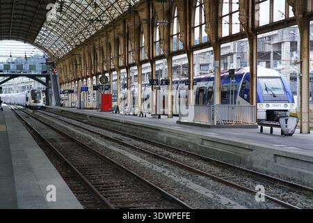 La verrière arquée en fer et verre de la Gare de Nice ville encadre le train régional bleu du Zou sur une plate-forme historique avec des colonnes dorées ornées. Banque D'Images