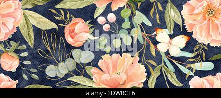 Pivoines délicates dans des tons pêche doux motif aquarelle sans couture sur bleu. Peint à la main avec des détails élevés, parfait pour les invitations de mariage, branding Banque D'Images