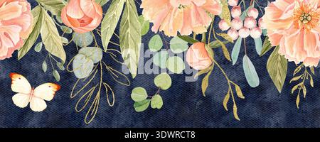Perieur sans couture à l'aquarelle papillon de pivoines délicates sur bleu. Peint à la main avec des détails élevés, parfait pour les invitations de mariage, l'image de marque, l'emballage Banque D'Images