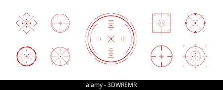 Réticule HUD rouge. Icônes de cible de tir. HUD de jeu ou interface technique avec un design futuriste. Précision militaire pour les projets de science Fi et de combat. Plat Illustration de Vecteur