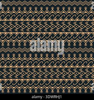 Élégant motif géométrique tribal sans couture avec ornement doré sur fond noir. Parfait pour les textiles, les papiers peints, les emballages, les marques et la mode Illustration de Vecteur