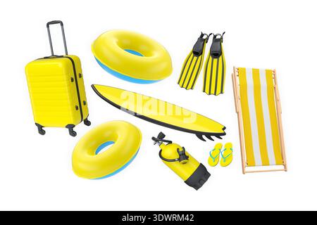 Articles de vacances d'été, y compris les valises, ballons de plage, chaise et accessoires sur fond blanc, concept de voyage de vacances Banque D'Images