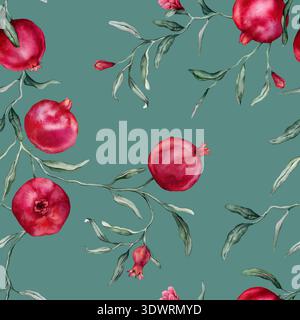 Modèle sans couture avec illustration aquarelle de grenade avec des fleurs roses. Imprimé peint à la main avec branche de fruits tropicaux avec des feuilles vertes sur Banque D'Images
