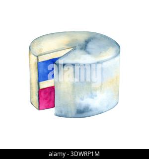 Illustration aquarelle peinte à la main d'un gâteau rond minimaliste avec glaçage gris clair et une tranche enlevée pour révéler un bleu et rose coloré Banque D'Images