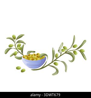 Olives marinées dans un bol et branches d'olivier Illustration de Vecteur