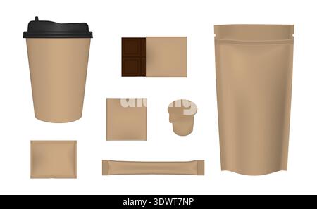 Gobelet en papier jetable, emballage de morceaux de collation, crème liquide simple, bâtonnets et sachets, pochette de fermeture à glissière debout - maquette. Produits à emporter Illustration de Vecteur
