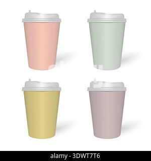 Tasse à café jetable de couleur pastel pour aller avec couvercle isolé sur fond blanc, ensemble maquette. Tasse de boisson à emporter, maquette. Modèle vectoriel Illustration de Vecteur