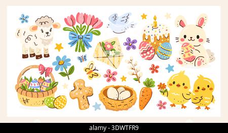 Mignon pastel clipart de Pâques ensemble avec lapin, poussins, agneau, œufs décorés, panier, gâteau, fleurs, colombe, carotte, nid et icônes. Parfait pour les cartes Illustration de Vecteur