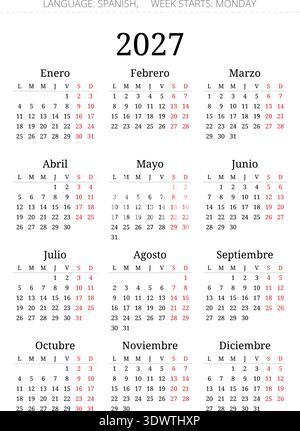 Calendrier espagnol 2027 propre pour l'Espagne avec mise en page verticale et style de police serif au format vectoriel
 Illustration de Vecteur