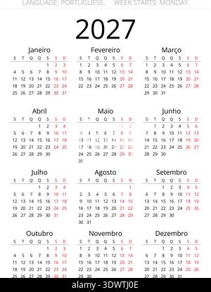 Clean 2027 calendrier annuel portugais pour le Portugal conçu avec des lignes simples sous les jours de la semaine en format vectoriel Illustration de Vecteur