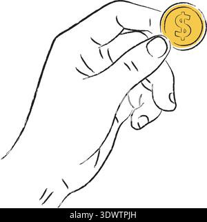 Main tenant une pièce d'or d'un dollar, illustration dessinée à la main sur fond blanc. Illustration de Vecteur