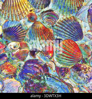 Coquillages colorés montrés dans un style similaire à un dessin d'art. Banque D'Images