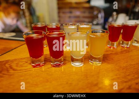 Liqueurs de différentes couleurs dans des verres à dose Banque D'Images