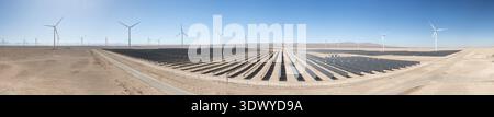 Plan grand angle d'un panneau solaire à grande échelle avec des éoliennes en arrière-plan sous un ciel bleu clair Banque D'Images