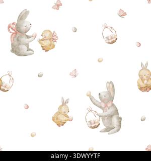 Motif de lapins poussins prenant des œufs de Pâques dans un panier. Illustrations aquarelle animaux les animaux attirent les oiseaux dans le style des enfants. Imprimé sans couture dessiné à la main Banque D'Images