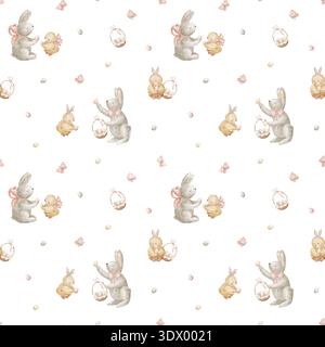 Motif de lapins poussins prenant des œufs de Pâques dans un panier. Illustrations aquarelle animaux les animaux attirent les oiseaux dans le style des enfants. Imprimé sans couture dessiné à la main Banque D'Images