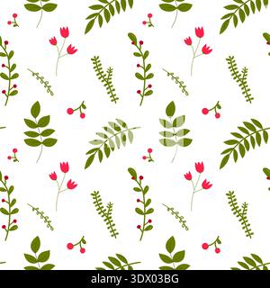 Motif de surface botanique sans couture avec fleurs sauvages stylisées, branches feuillues et baies rouges sur fond clair. Illustration de Vecteur
