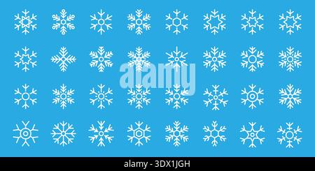 Ensemble de 32 icônes de flocon de neige blanc sur fond bleu. Collection d'illustration vectorielle de vacances d'hiver pour Noël et des motifs festifs saisonniers Illustration de Vecteur