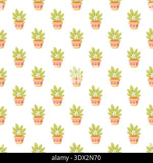 Modèle de printemps sans couture avec des plantes en pot sur fond blanc. Imprimés saisonniers confortables vectoriels. Illustration de Vecteur