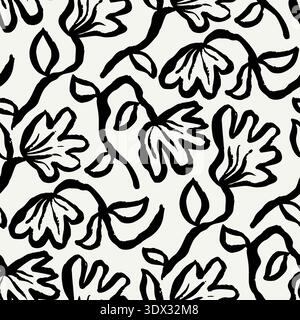 Motif monochrome sans couture avec fleurs abstraites dessinées à la main. Pinceau artistique coups de pinceau design floral dans un style minimaliste moderne Illustration de Vecteur
