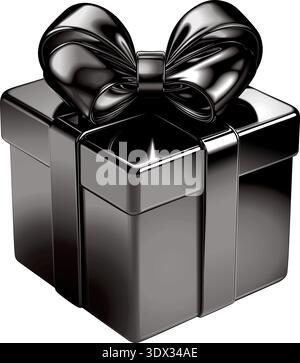 Boîte cadeau noire brillante élégante avec un grand noeud en soie. Illustration 3D vectorielle isolée sur fond blanc. Illustration de Vecteur