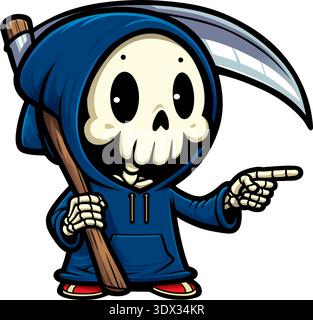 Mignon personnage de dessin animé de faucheuse sombre tenant faux et illustration vectorielle de doigt pointant Illustration de Vecteur