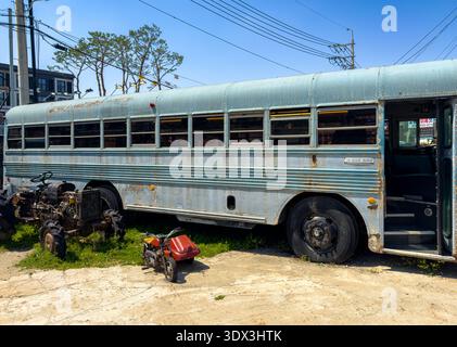 Ancien autobus scolaire abandonné dans un cadre rural sous un soleil éclatant, montrant du métal rouillé et la nostalgie tranquille d'un véhicule autrefois usagé. Banque D'Images