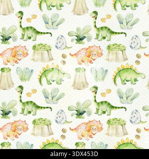 Motif aquarelle sans coutures avec de jolis dinosaures. Banque D'Images