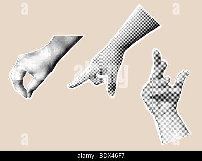 Collection de gestes de main demi-teinte, mains découpées rétro noir et blanc Illustration de Vecteur