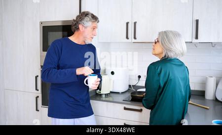 Couple senior parlant et cuisinant dans la cuisine moderne Banque D'Images