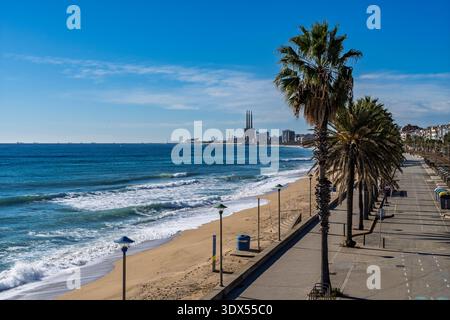 Badalona, Espagne - 15 novembre 2025. Belle vue surélevée sur la plage de Badalona en Espagne montrant des palmiers le long de la promenade et l'emblématique Three Chim Banque D'Images